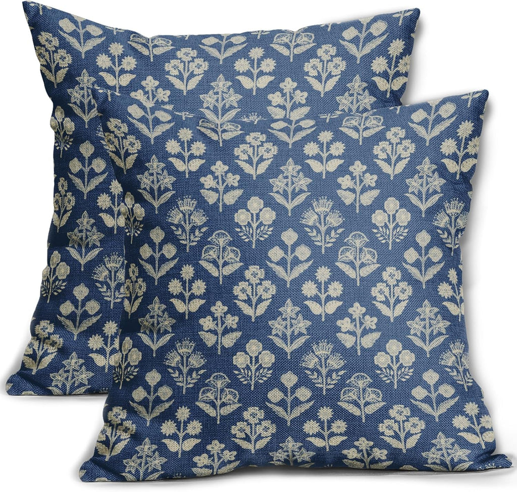 Blue Floral Pillow Covers 22x22 Inch Set of 2, Vintage Flower Block Print Pattern Decorative Throw Pillowcases Outdoor Farmhouse Cushion…
