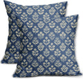 Blue Floral Pillow Covers 22x22 Inch Set of 2, Vintage Flower Block Print Pattern Decorative Throw Pillowcases Outdoor Farmhouse Cushion…