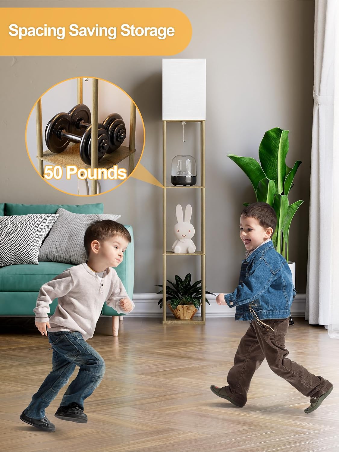 PARTPHONER Floor Lamp with Shelves for Living Room Natural Wood 2 Pack, Shelf Floor Lamp with 3 CCT LED Bulb, Corner Display Standing…