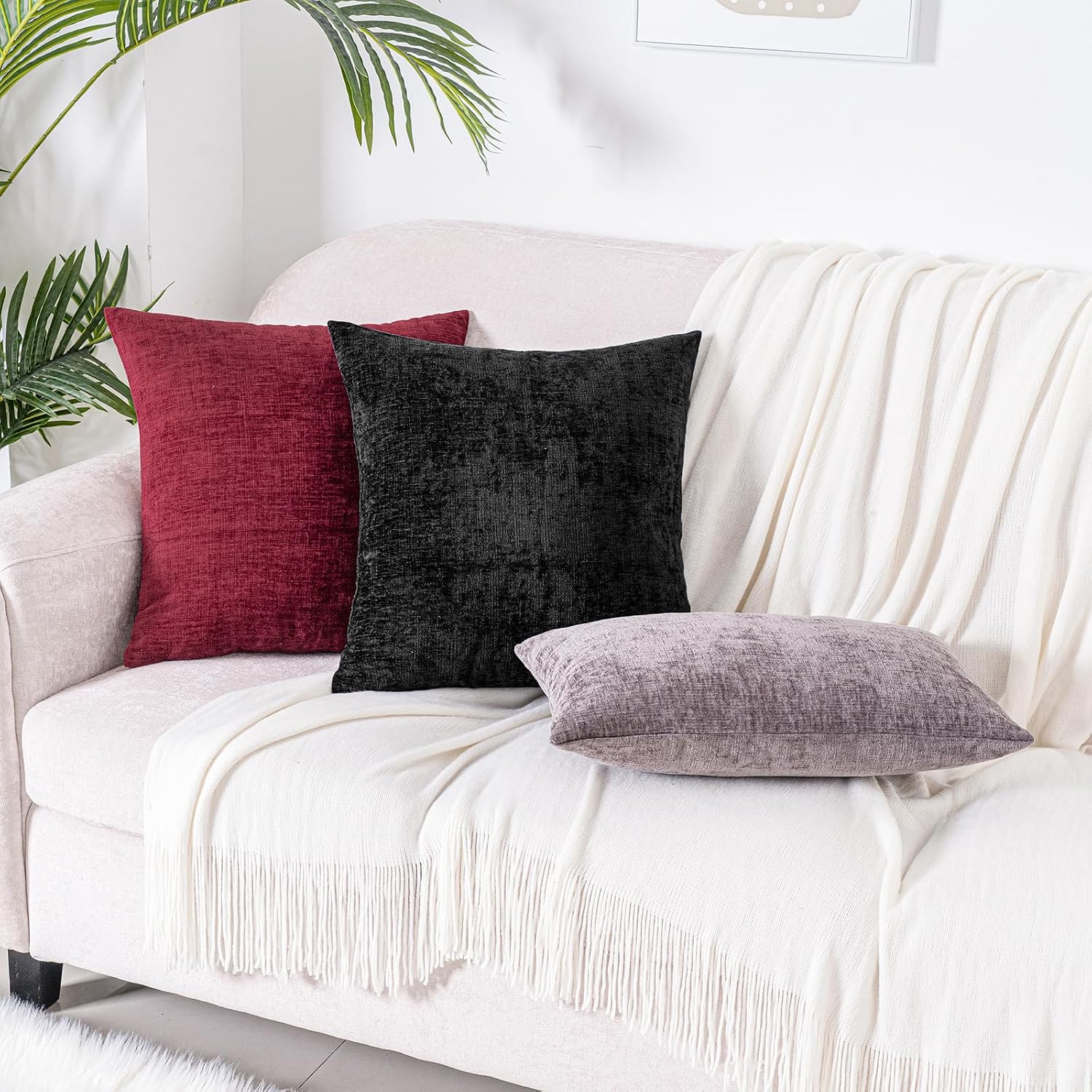 Hwy50 HWY 50 Black Couch Pillow Covers 16x16 Inch Pack of 2, Soft Chenille Decorative Throw Pillow Cases Farmhouse for Sofa Living Room Bed…