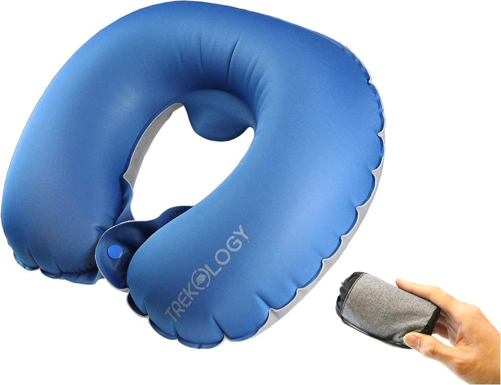 TREKOLOGY Inflatable Neck Pillow for Travel – Compact Ultralight Air Pillow with Button Inflation & Quick Deflate – Dual-Fabric Neck…