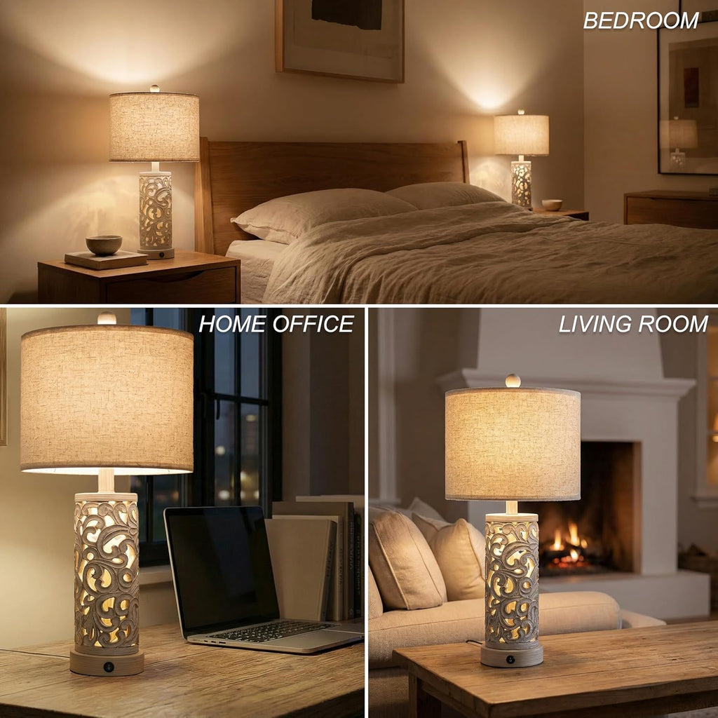 OYEARS Bedside Table Lamps Set of 2 with USB & Night Light, 22'' Farmhouse Bedroom Lamps for Nightstand, Vintage Table Lamps for Bedroom…