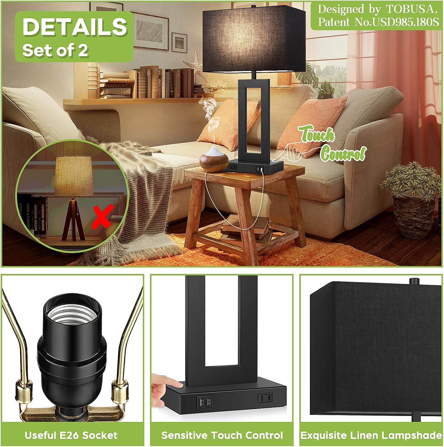 Tobusa 28’’ Tall Black Lamps for Living Rooms Set of 2, Modern Touch Control Table Lamps for Bedroom, 3 Way Dimmable Bedside Lamps with 2 U…