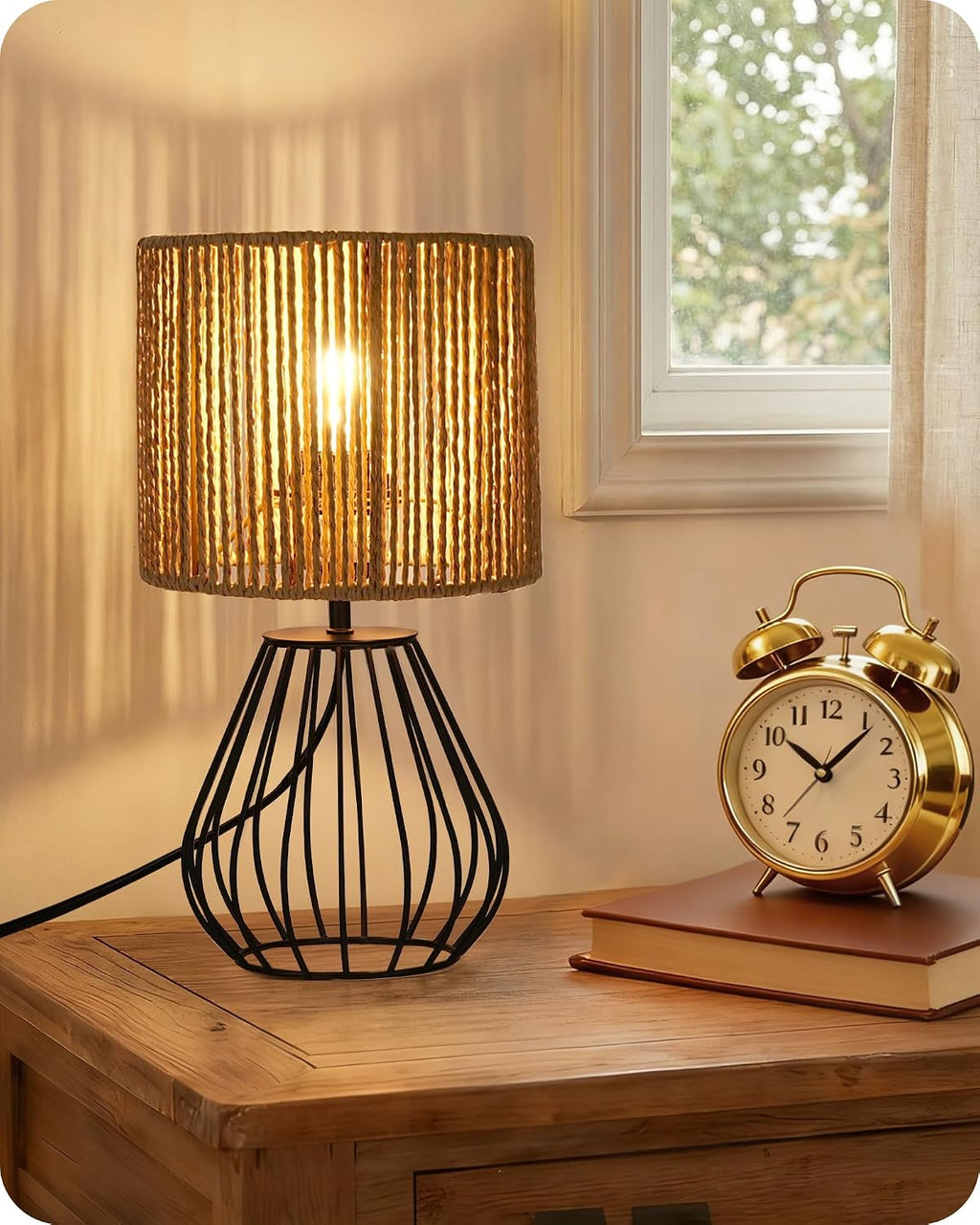 Rattan Table Lamp, Boho Table Lamp, Small Bedside Lamp, Handwoven Paper Lampshade, 2700K LED Bulb Included, Boho Desk Lamp, Modern…