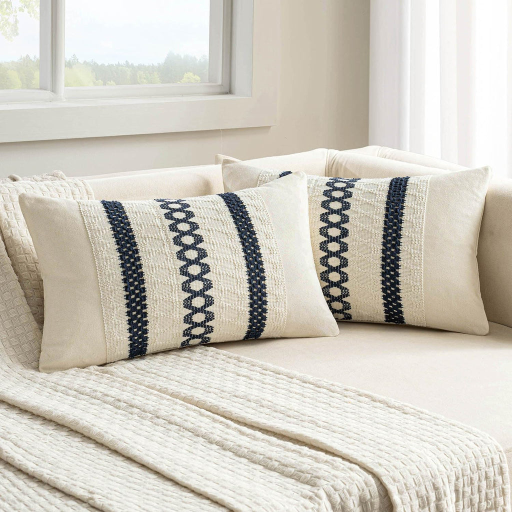MIULEE Set of 2 Navy Blue Boho Decorative Lumbar Pillow Covers 12x20 Inch Farmhouse Rustic Couch Throw Pillows Modern Cotton Cushion…