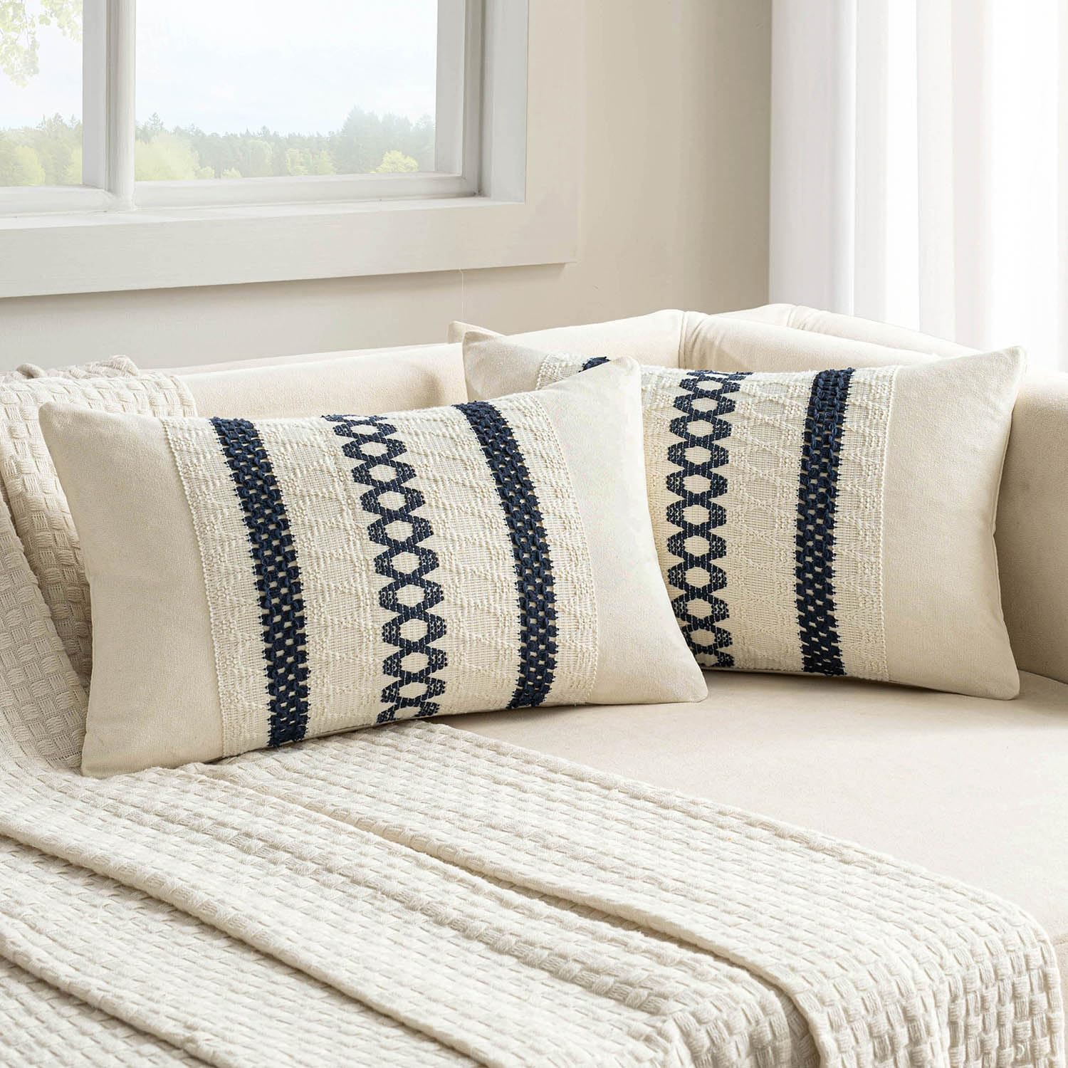 MIULEE Set of 2 Navy Blue Boho Decorative Lumbar Pillow Covers 12x20 Inch Farmhouse Rustic Couch Throw Pillows Modern Cotton Cushion…