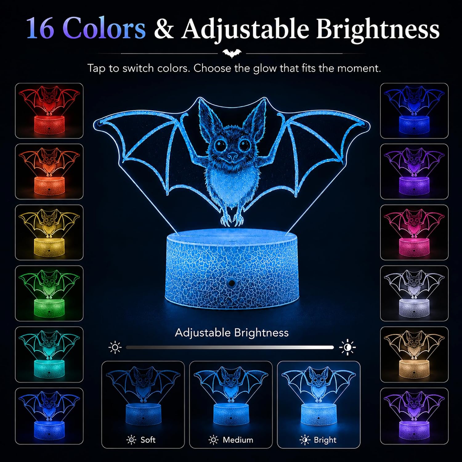 Bat Illusion Night Light, Remote, 16 Colors Changing RGB Flashing Mode Dimmable LED Lamp, Birthday Holiday Gifts for Boys Girls Teens…