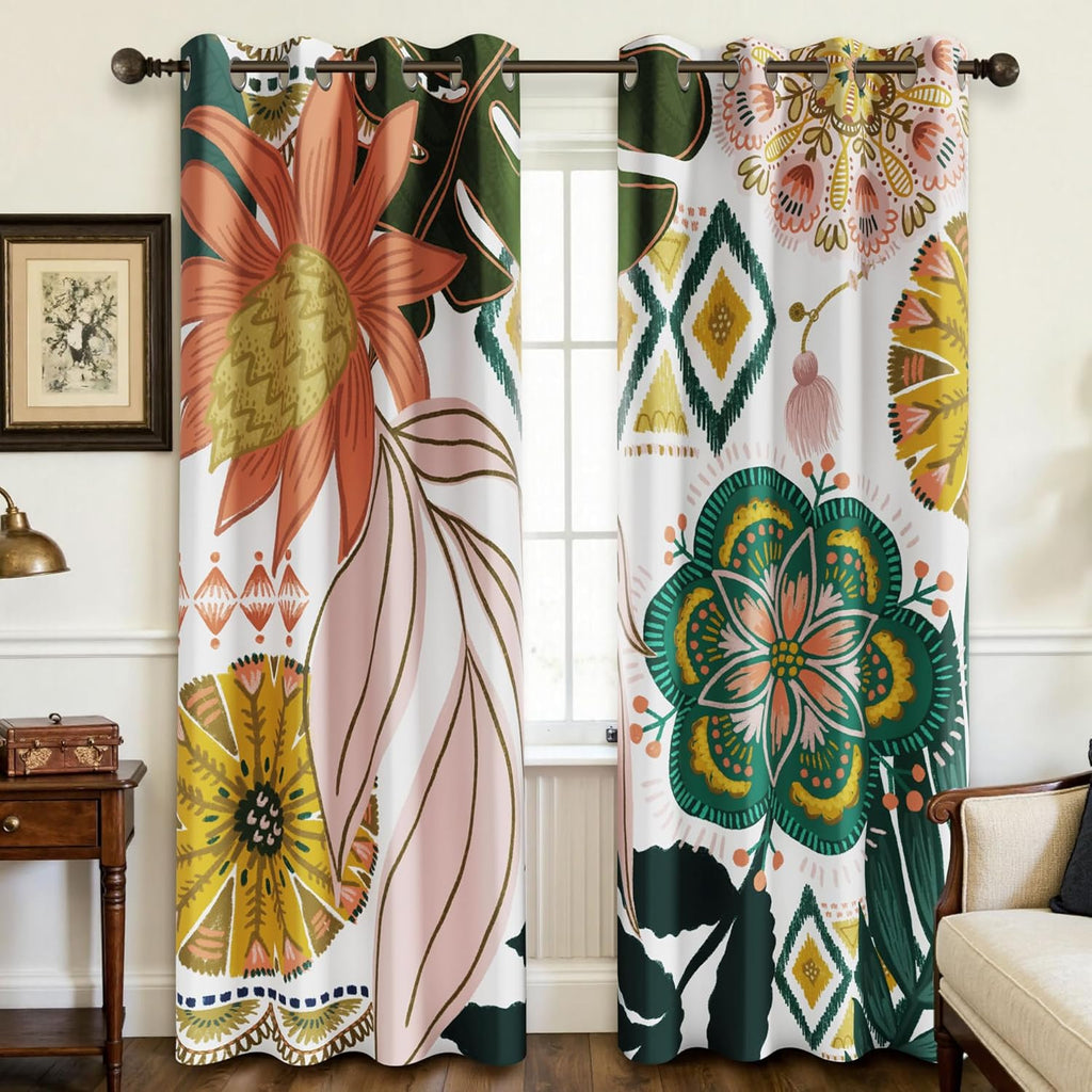 Tyrot Boho Floral 100% Blackout Curtains for Living Room 72 inch Long 2 Panels Mid Century Botanical Black Out Curtains for Bedroom…