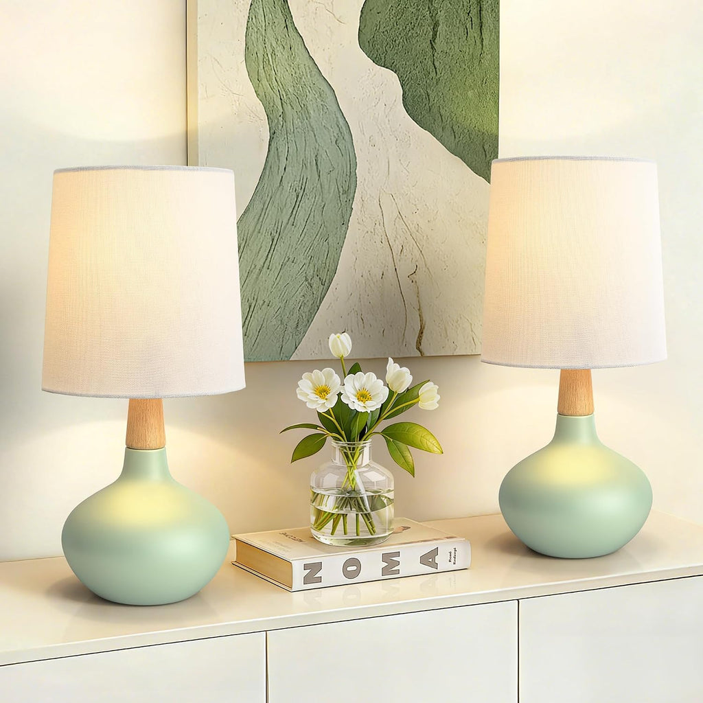 14" Ceramic Table Lamp Set of 2, Small Bedside Lamp with Natural Wood Stem & Linen Shade, Modern Farmhouse Night Lamp for Bedroom Living…