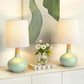 14" Ceramic Table Lamp Set of 2, Small Bedside Lamp with Natural Wood Stem & Linen Shade, Modern Farmhouse Night Lamp for Bedroom Living…
