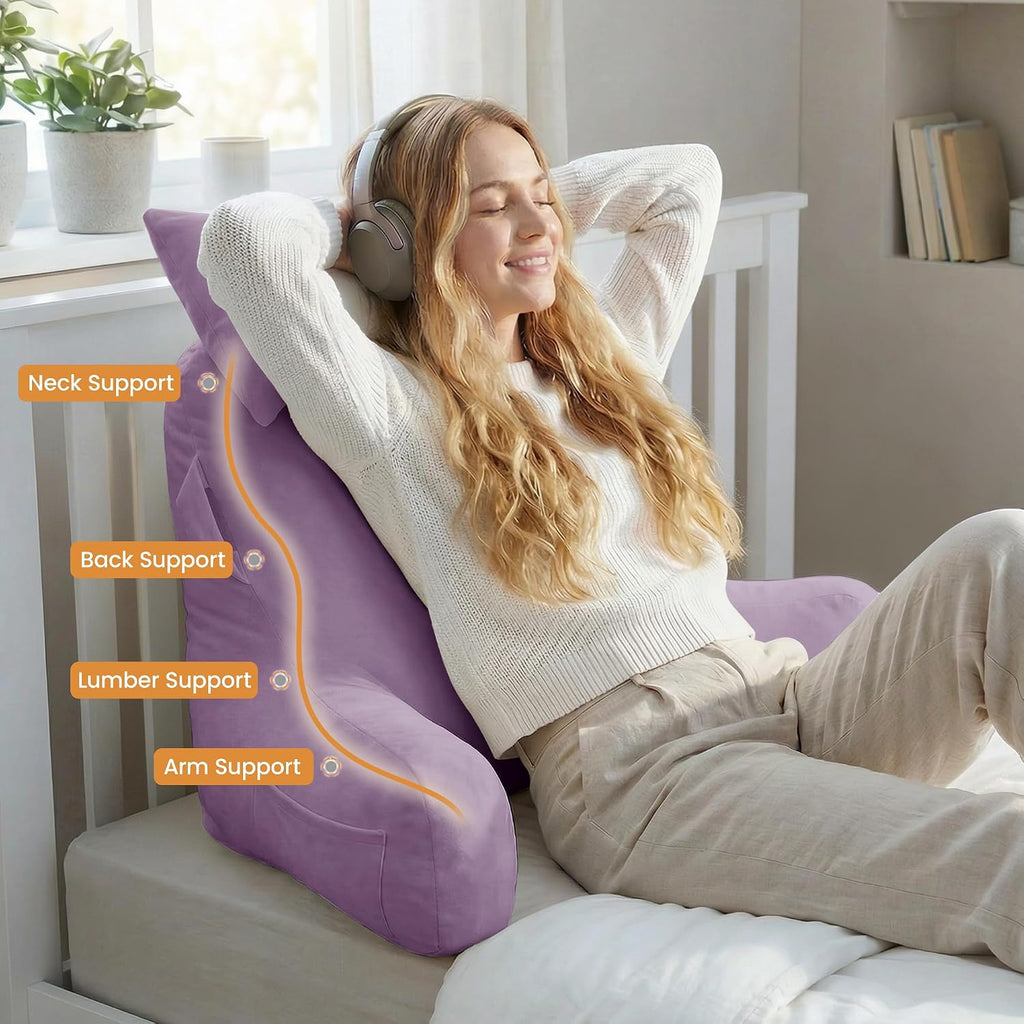 Unisakey Portable Reading Pillows with Headrest for Bed Sitting Up(Lavender Purple Oeko-Tex), Velvet Back Pillow with Arms & Pockets for…
