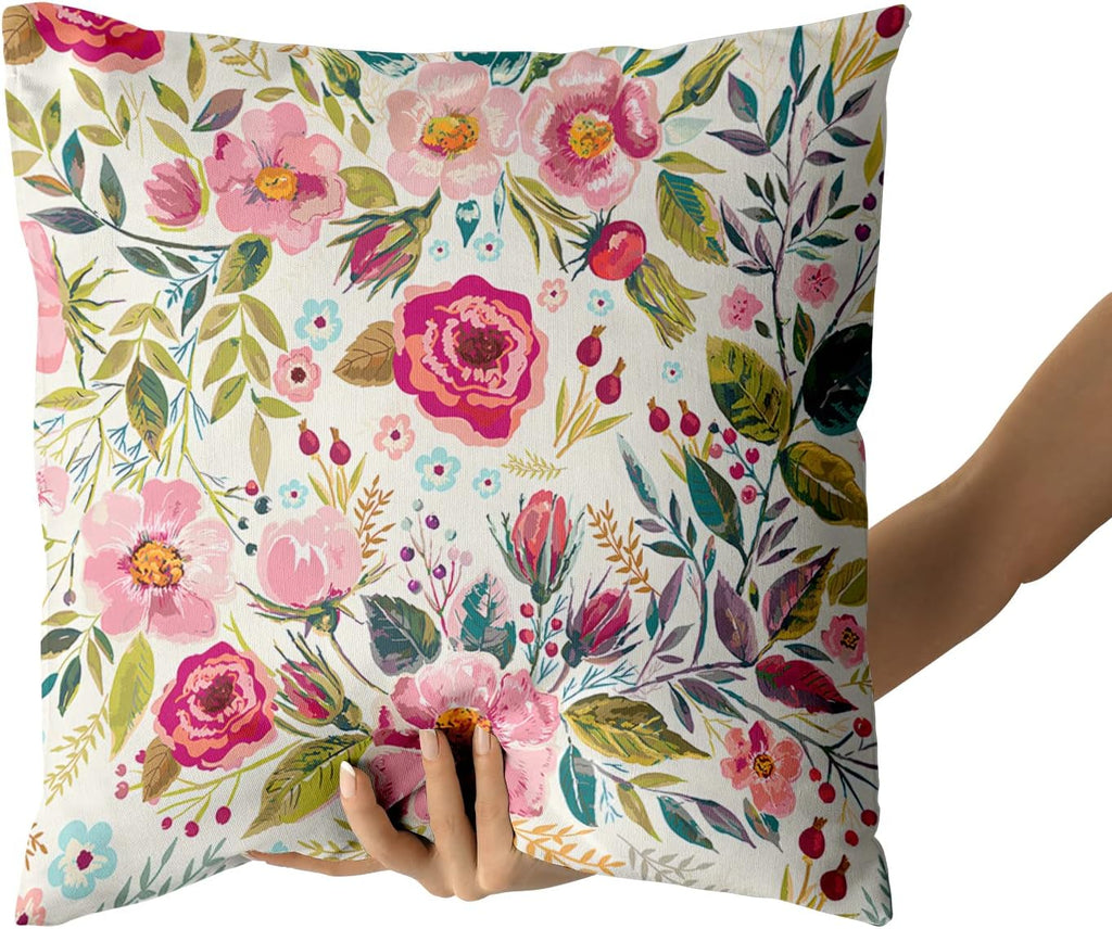 Spring Summer Flower Throw Pillow Covers 24x24 Inch Watercolor Peony Pillowcase Hot Pink Floral with Green Leaves Girly Decorative Square…
