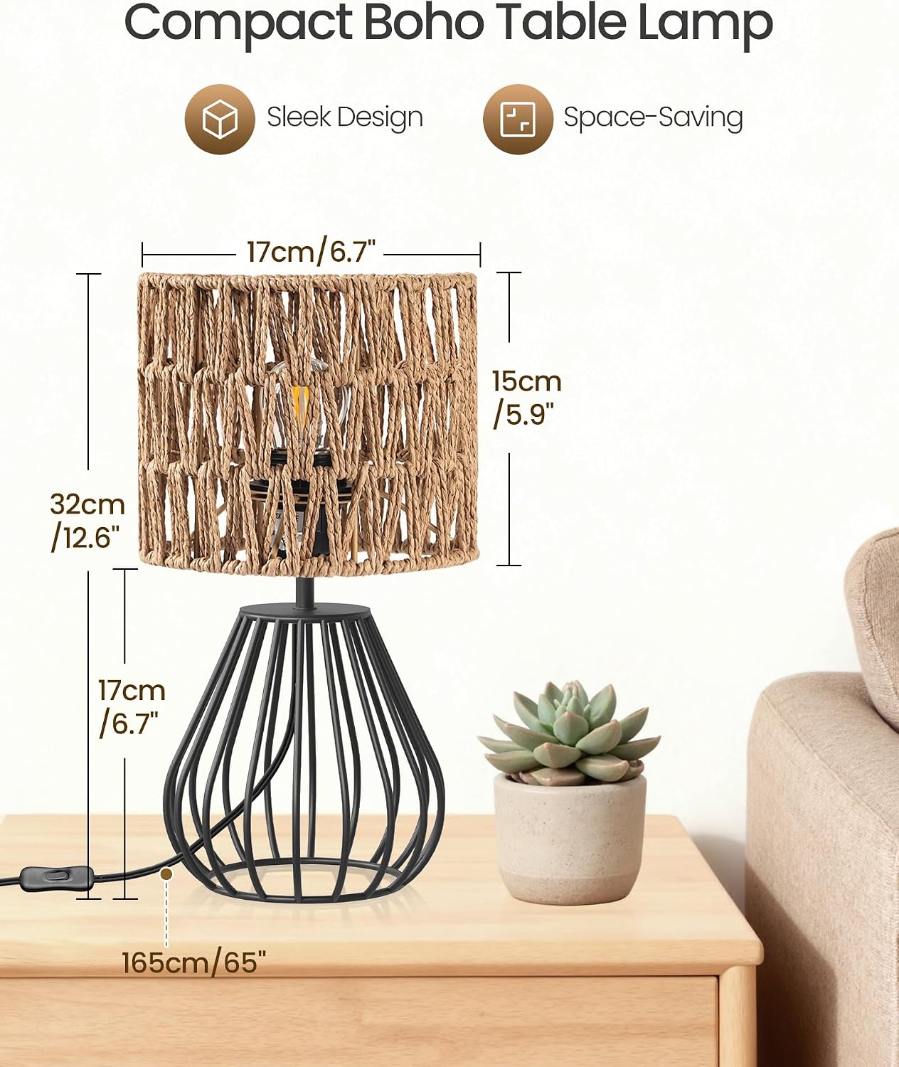 Rattan Table Lamp, Boho Table Lamp, Small Bedside Lamp, Handwoven Paper Lampshade, 2700K LED Bulb Included, Boho Desk Lamp, Modern…