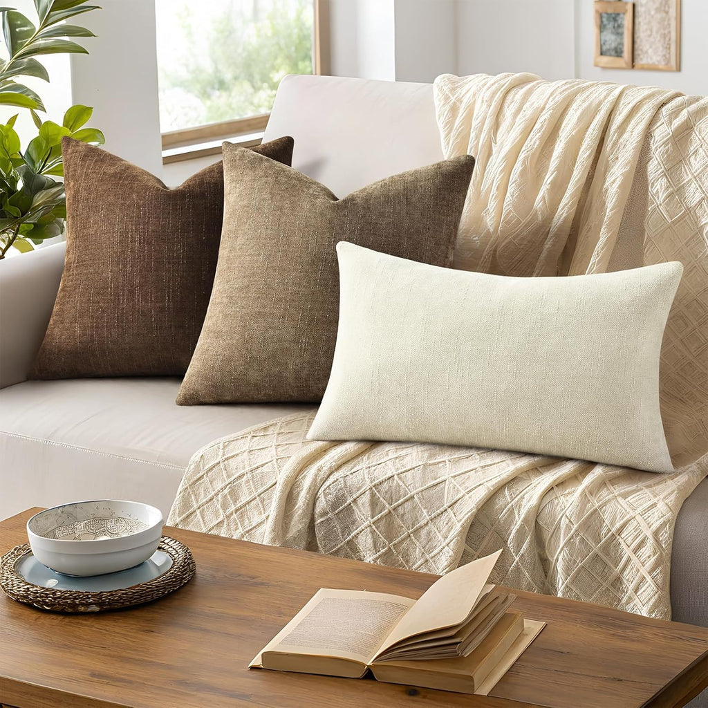 decorUhome Chenille Throw Pillow Covers 24x24 Set of 2, Square Decorative Pillow Covers with Zipper for Couch, Sofa, Living Room, Brown