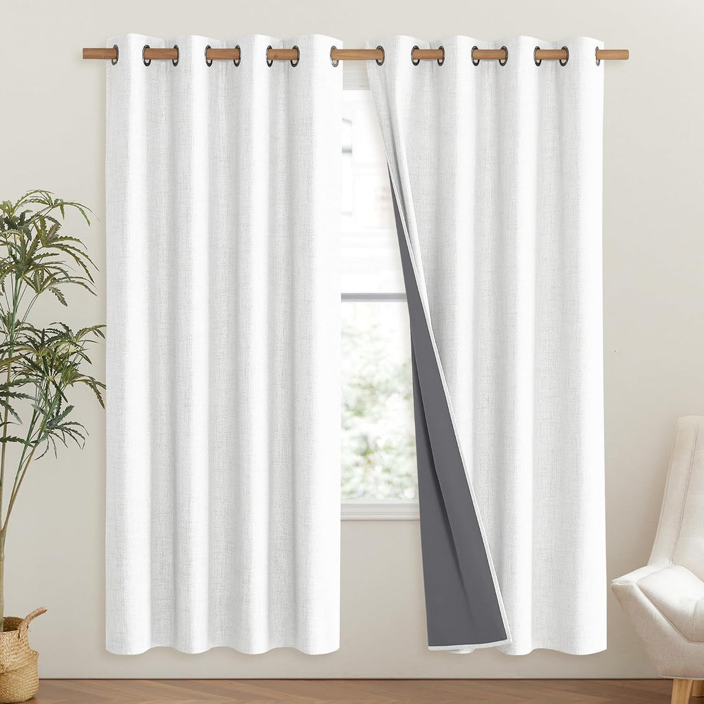 NICETOWN 100% Absolutely Blackout Linen Curtains with Thermal Insulated Liner, Greyish White, 52" Wide, 72" Length Energy Saving Curtains…