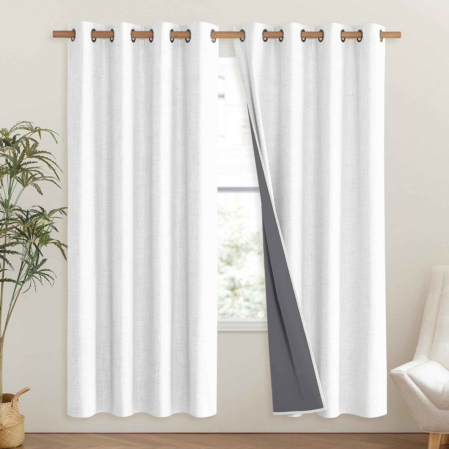 NICETOWN 100% Absolutely Blackout Linen Curtains with Thermal Insulated Liner, Greyish White, 52" Wide, 72" Length Energy Saving Curtains…