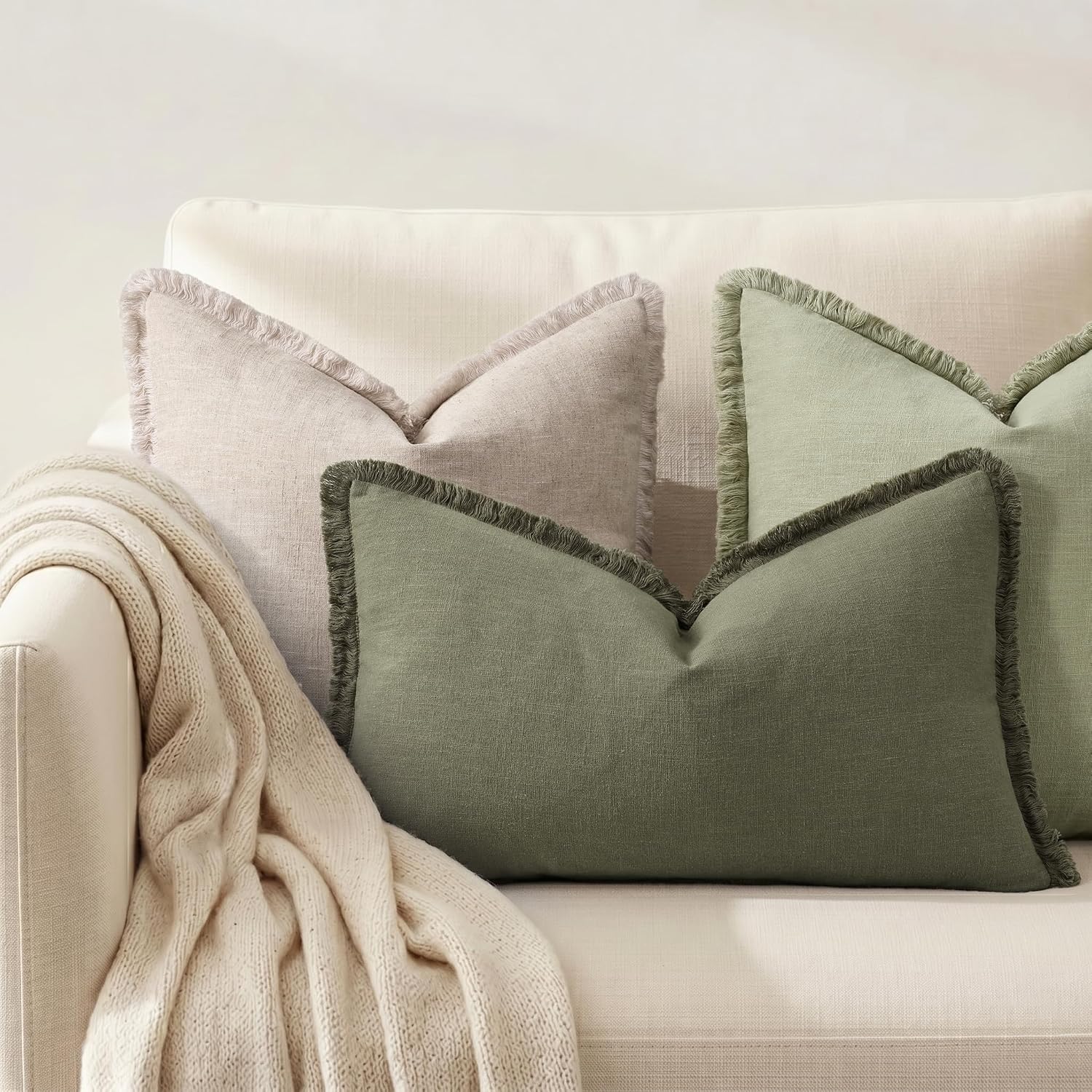 decorUhome Summer Decorative Neutral Linen Fringe Lumbar Throw Pillow Covers Set of 2 Olive Green Pillow Covers with Tassels Soft Farmhouse…