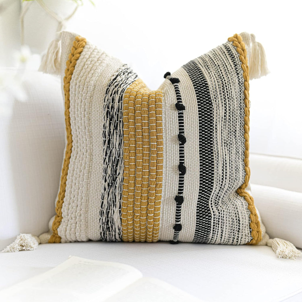 BlissBlush Yellow Mustard Decorative Throw Pillow Cover 20x20 Square Boho Accent Pillowcase Tassels Farmhouse Cushion for Couch Sofa…