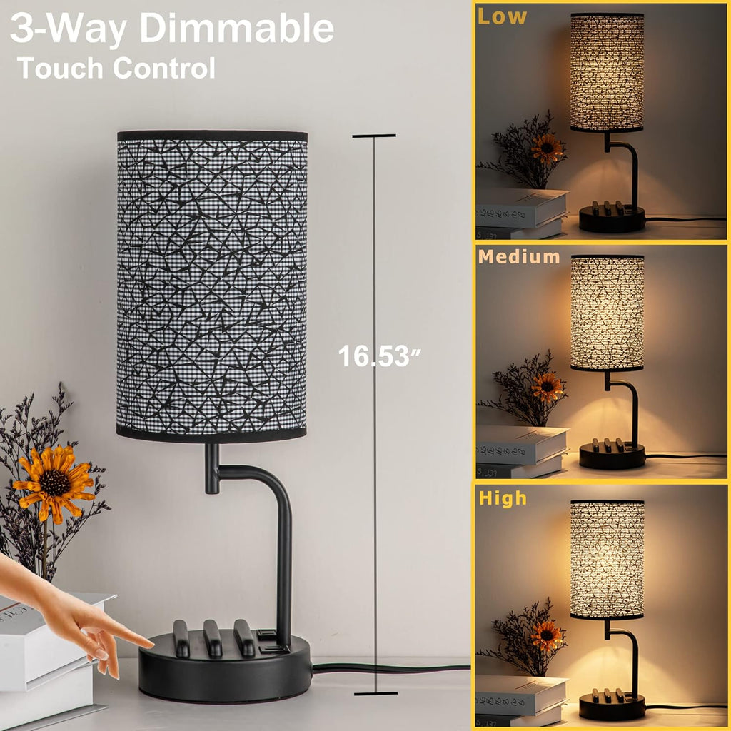 Dreamholder Touch Control USB Table Lamp, Upgraded 3-Way Dimmable Nightstand Desk Lamp with USB C & A Charging Ports and AC Outlet…