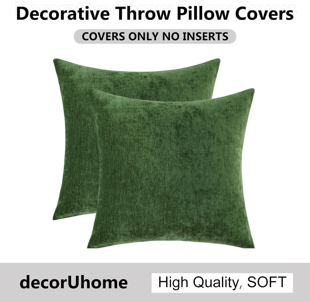 decorUhome Chenille Moss Green Throw Pillow Covers 24x24 Inch Set of 2, Decorative Soft Couch Pillow Covers Solid Dyed Accent Farmhouse Neu…