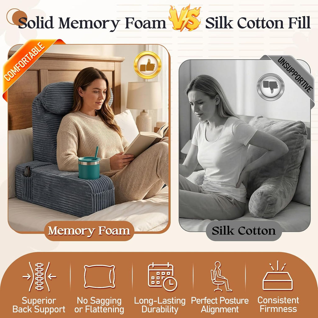 Reading Pillow/Backrest Pillow with Arms, Cup Holder & Phone Pocket - Bed Rest Pillow with Adjustable Headrest, Corduroy Fabric for Back…