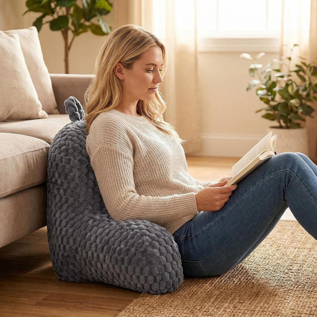 Faux Fur Reading Pillow for Bed Adults, Ultra Soft Plush Floor Backrest Pillow with Side Pockets for Bed & Couch, Perfect for Reading…