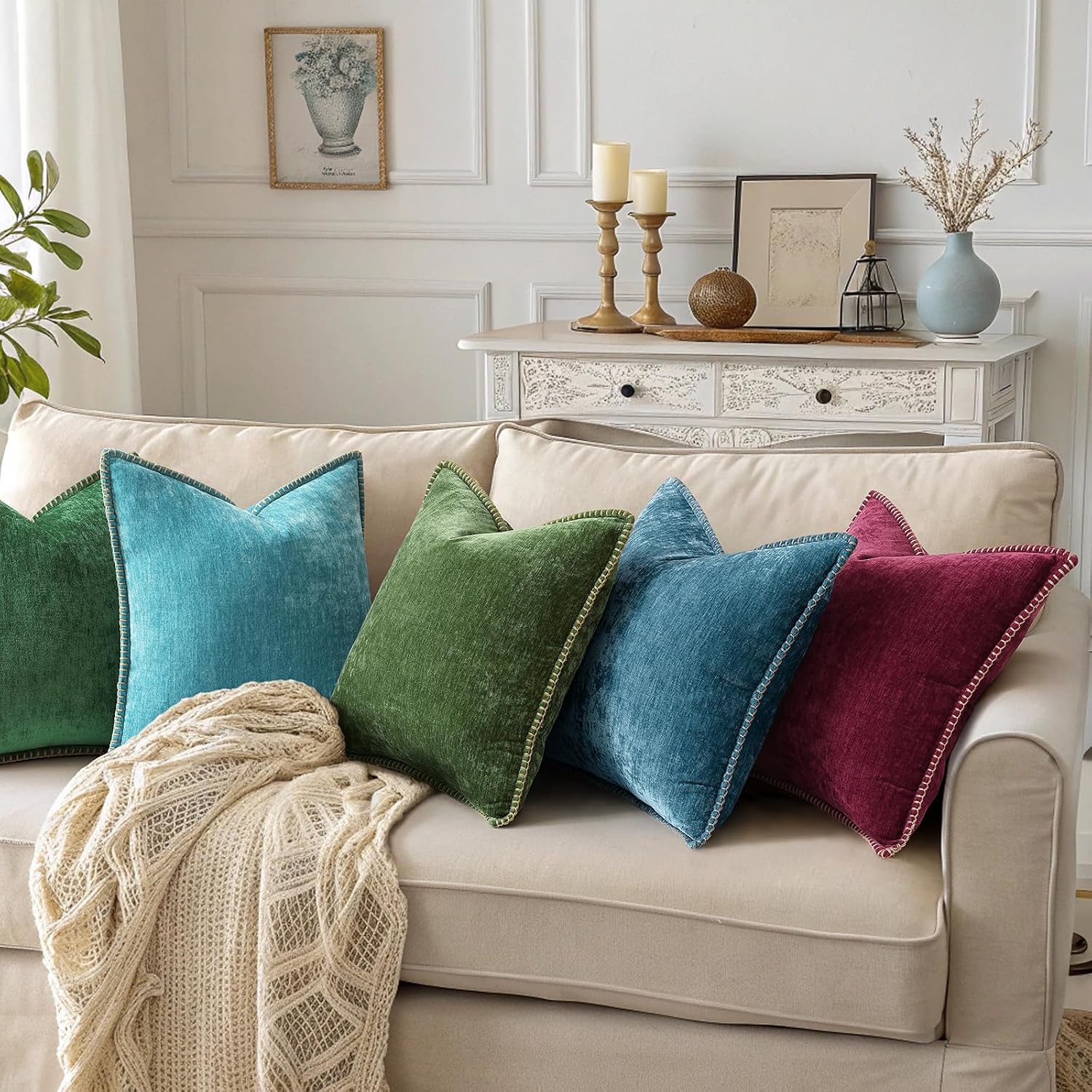 decorUhome Summer Chenille Soft Cozy Throw Pillow Covers 24x24 Set of 2, Modern Farmhouse Boho Velvet Decorative Euro Sham Pillow Cases wit…