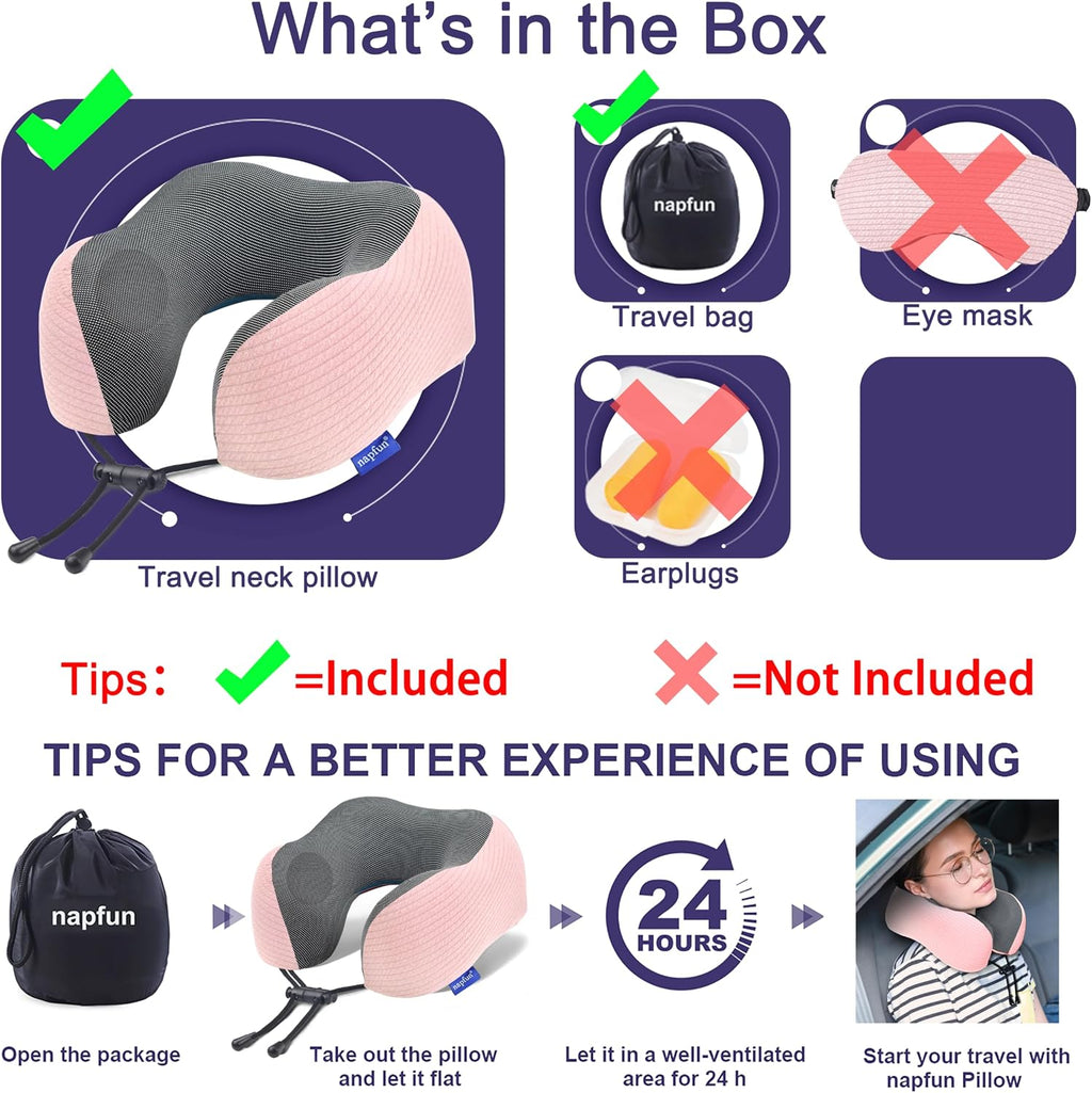 napfun Neck Pillow for Traveling, Upgraded Travel Neck Pillow for Airplane 100% Pure Memory Foam Travel Pillow for Flight Headrest Sleep…