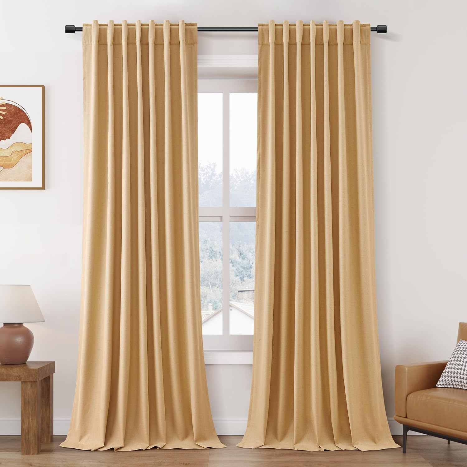 Nanspring Camel 100% Blackout Linen Curtains for Bedroom 90 Inches Long Back Tab Rod Pocket Thermal Insulated Black Out Curtain for Living…