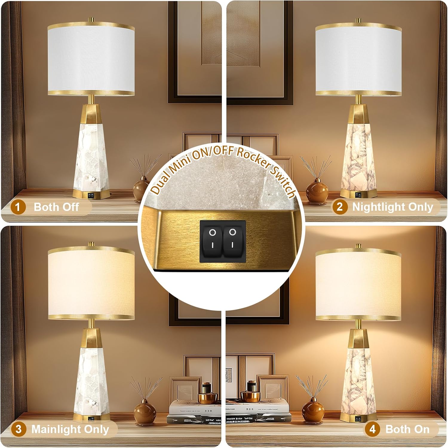 KIVDITZO 27" Alabaster Table Lamps Set of 2 - Lamps for Living Room with Night Light, Bedside Lamps with White Linen Shade, Nightstand…
