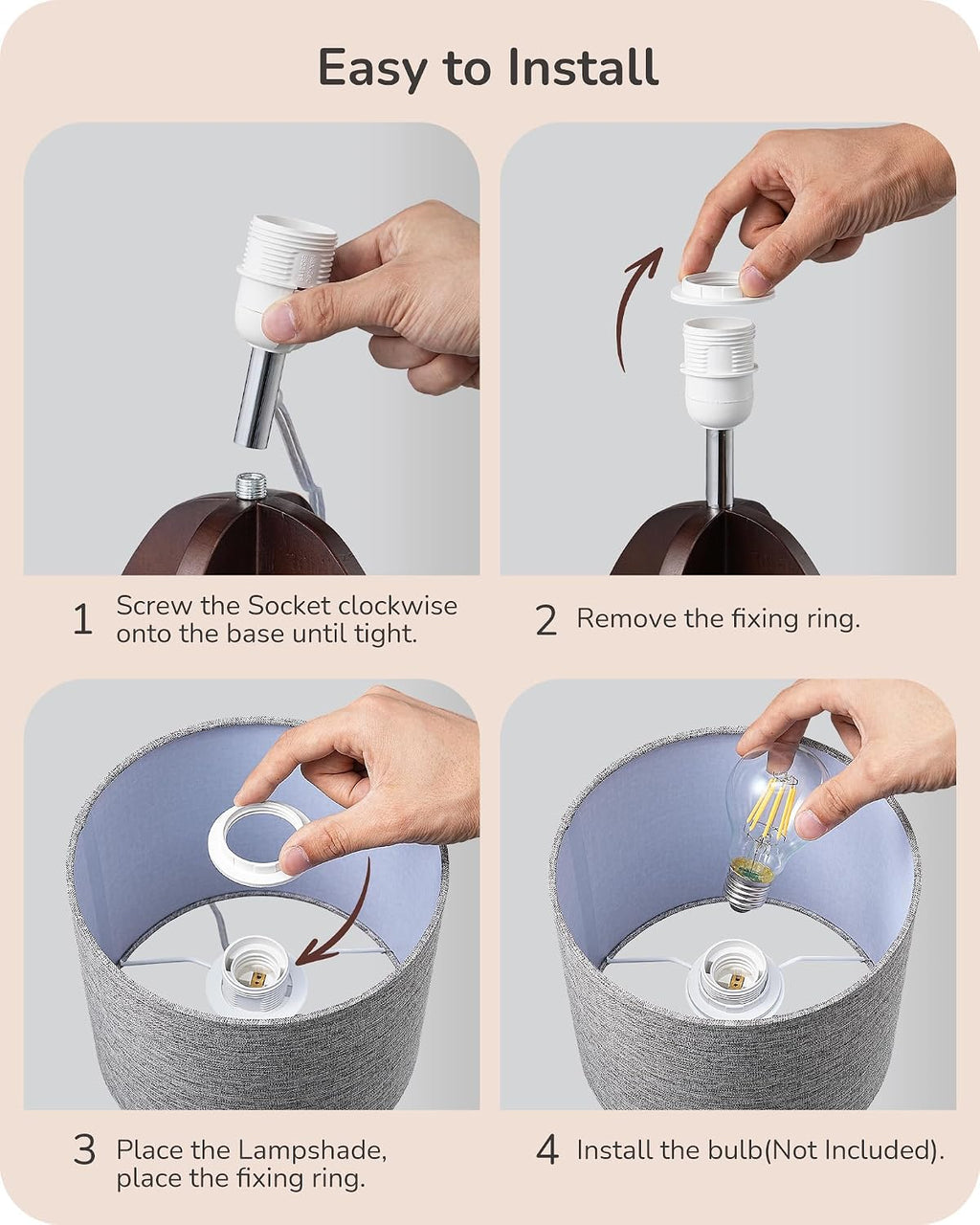 EDISHINE Modern Table Lamp with Integrated Four-Legged Wooden Base, Small Bedside Lamp with Grey Linen Lampshade, Cute Nightstand Lamp…