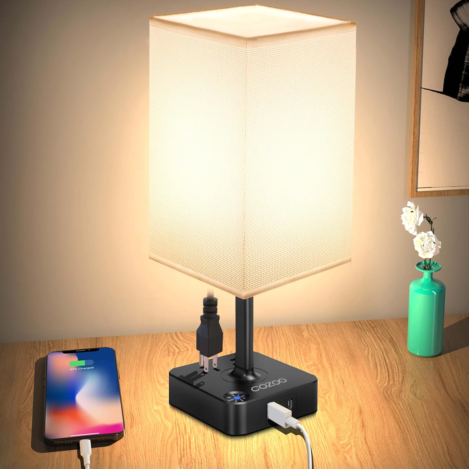 Table Lamp Dimmable cozoo USB Bedside Table Desk Lamp with 2 USB Charging Port(A+C) 2 Outlet, Nightstand Lamp with Charger Base White…