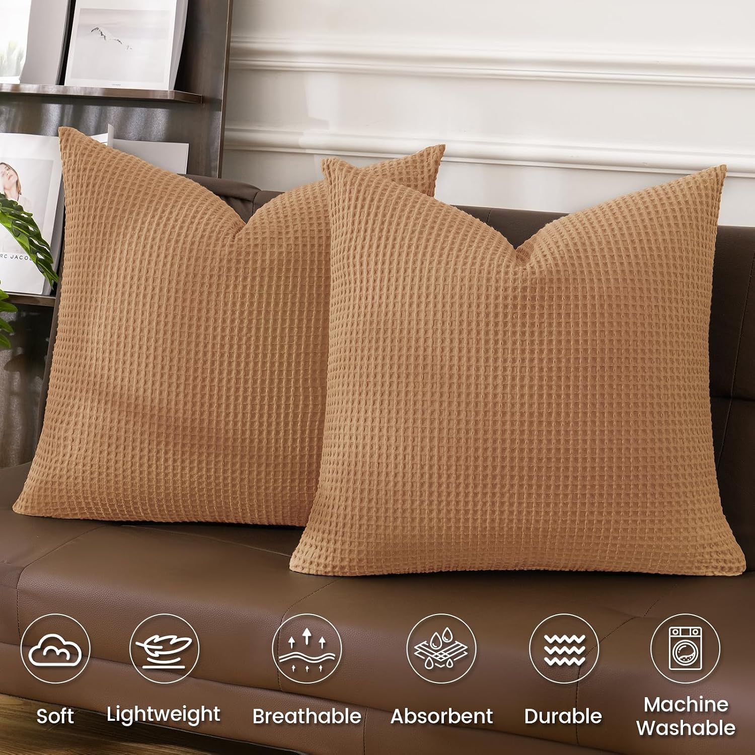 Phf 100% Cotton Waffle Weave Throw Pillow Cover, 22" x 22", No Filling, 2 Pack Elegant Home Decorative Square Throw Pillow Covers for Bed C…