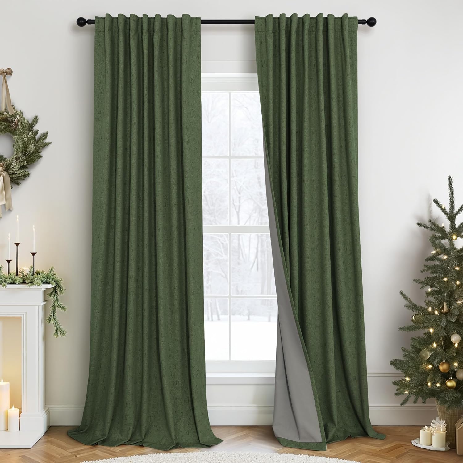 Pitalk Olive Green Blackout Curtains for Bedroom 96 Inches Long Floor Length 2 Panel Vintage Earth Tone Earthy Academia Dark Out Curtain fo…