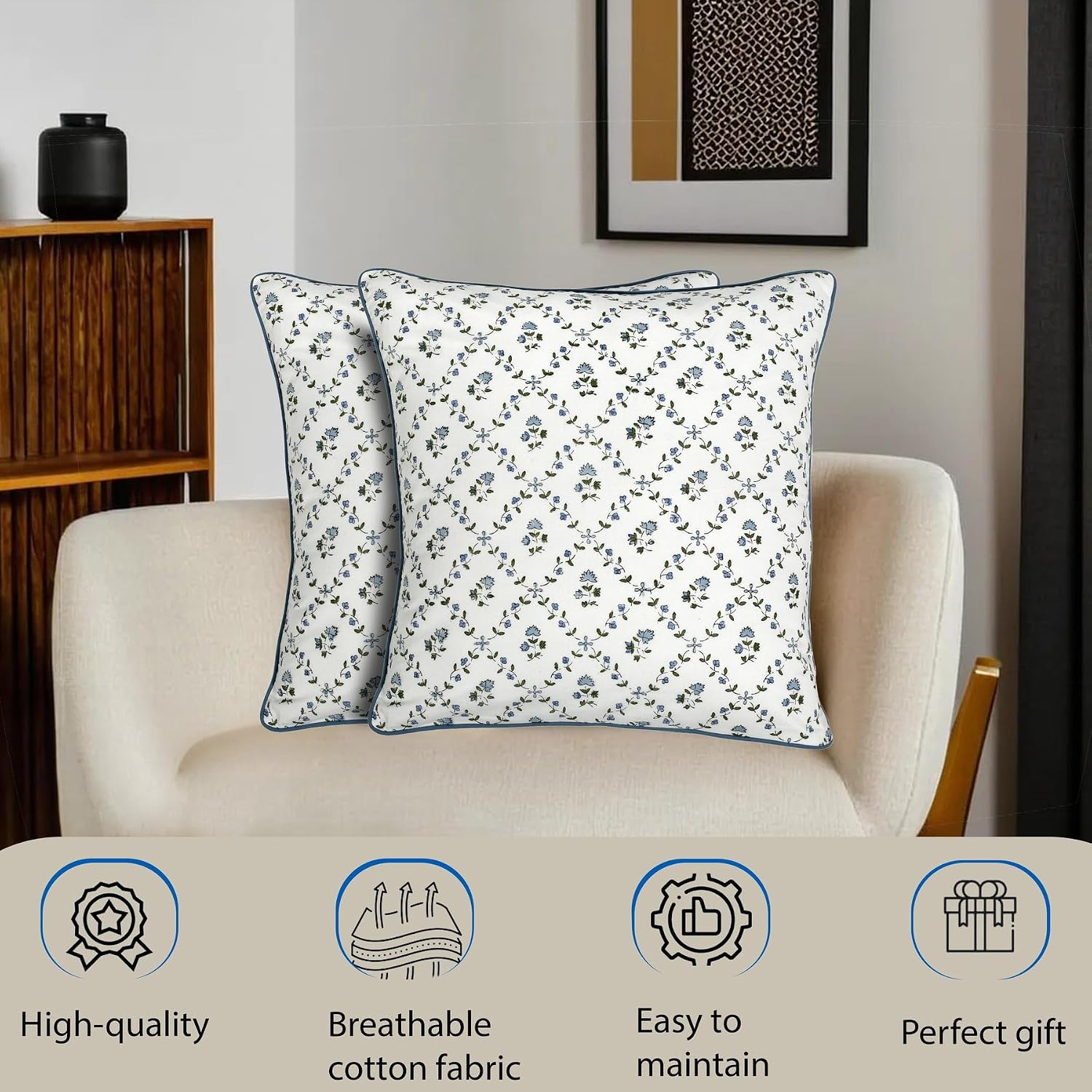 Ridhi Block Print Powder Blue Pillow Cover 24" x 24" (Pack of 2) Decorative Couch Pillows for Living Room, Farmhouse Chic Boho Cute Outdoor…