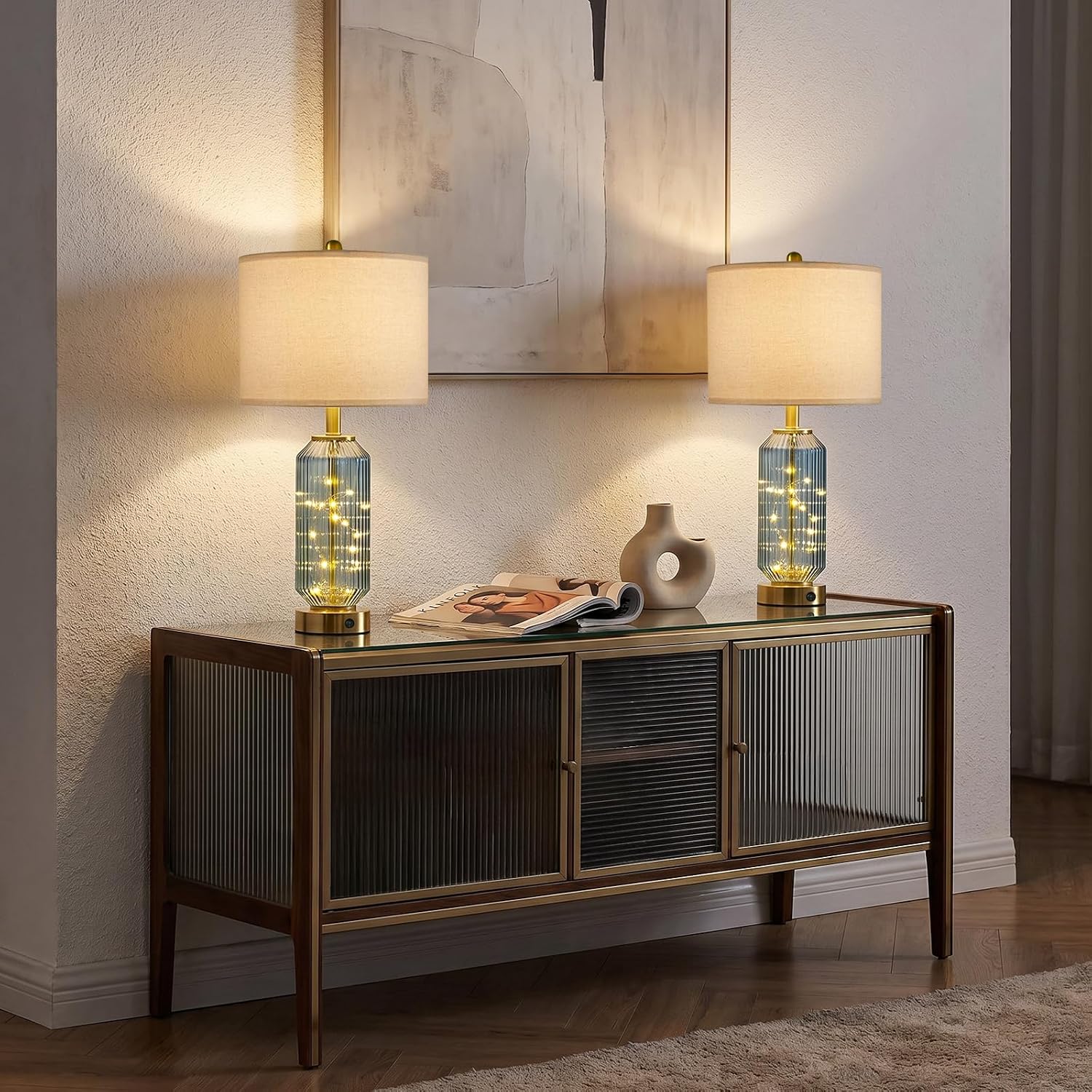 Oneach 24.5" Bedside Table Lamps Set of 2, Blue Coastal Nightstand Lamps with Night Light, USB A+C Charging Ports, Glass Lamps for…