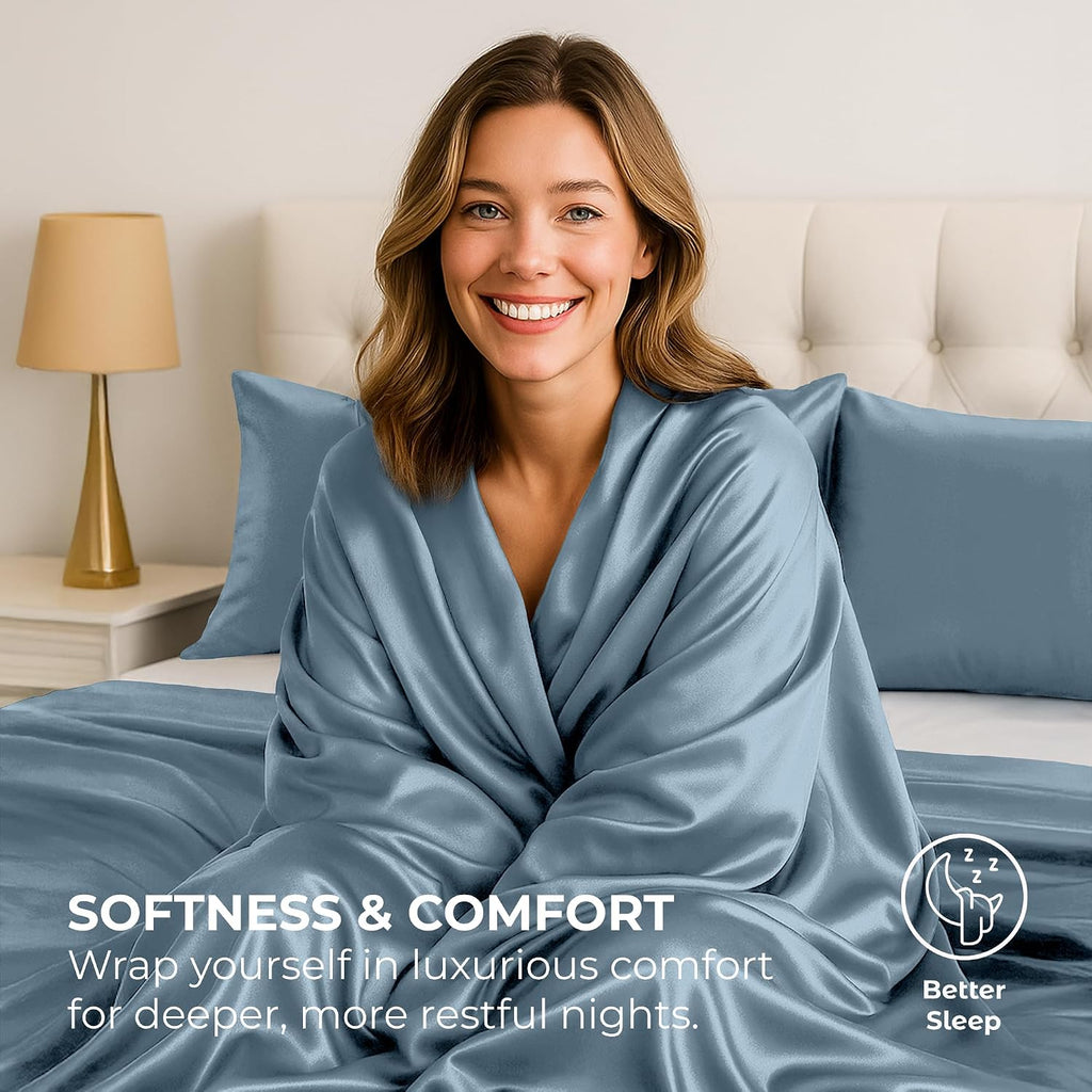 PureBedding Satin Sheets Full [4-Piece, Skyblue] Hotel Luxury Silky Bed Sheets - Extra Soft 1800 Microfiber Sheet Set, Wrinkle, Fade, Stain…