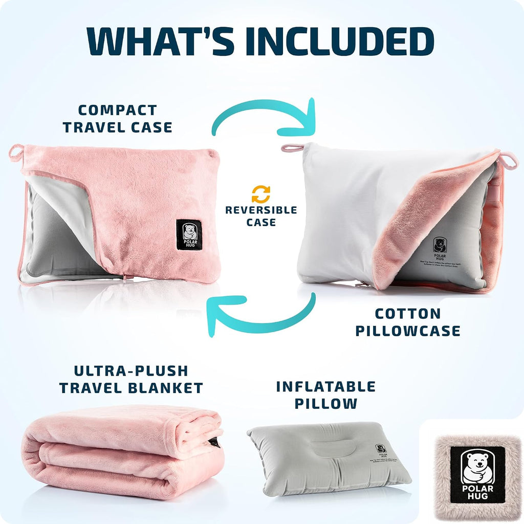 Travel Blanket and Pillow Set — Airplane Blanket with Inflatable Pillow and Cotton Case, Compact Travel Blanket with Back-Neck Snaps for…