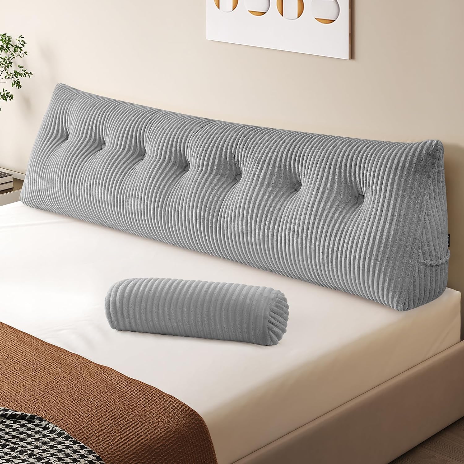 Z-Hom Large Wedge Pillow Headboard, King Triangular Headboard Pillow, Reading Pillow Bed with a Roll Pillow for Bed Sitting Up Sleeping, Ba…