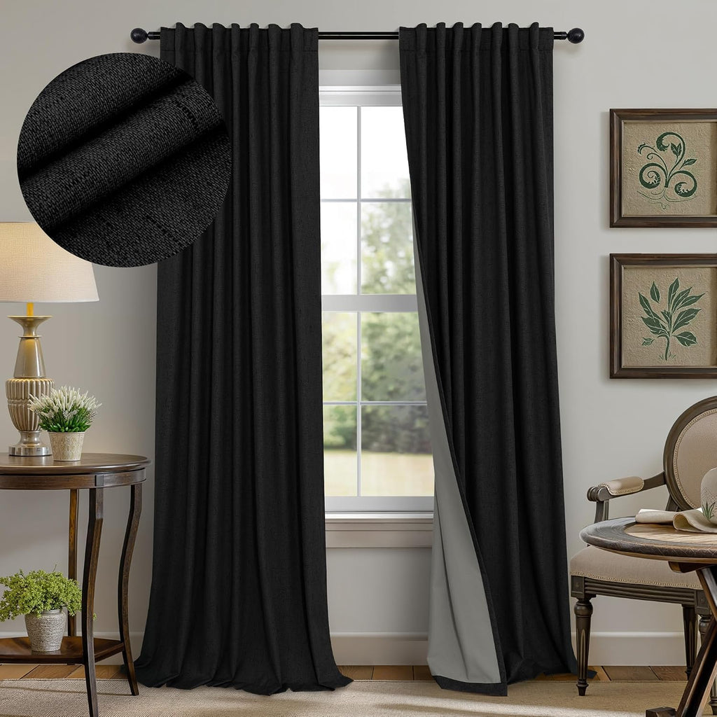 Pitalk Black Curtains 84 Inches Long for Bedroom 2 Panel Set Linen Textured Total Blackout Thermal Insulated Darkening Dark Curtains Black…