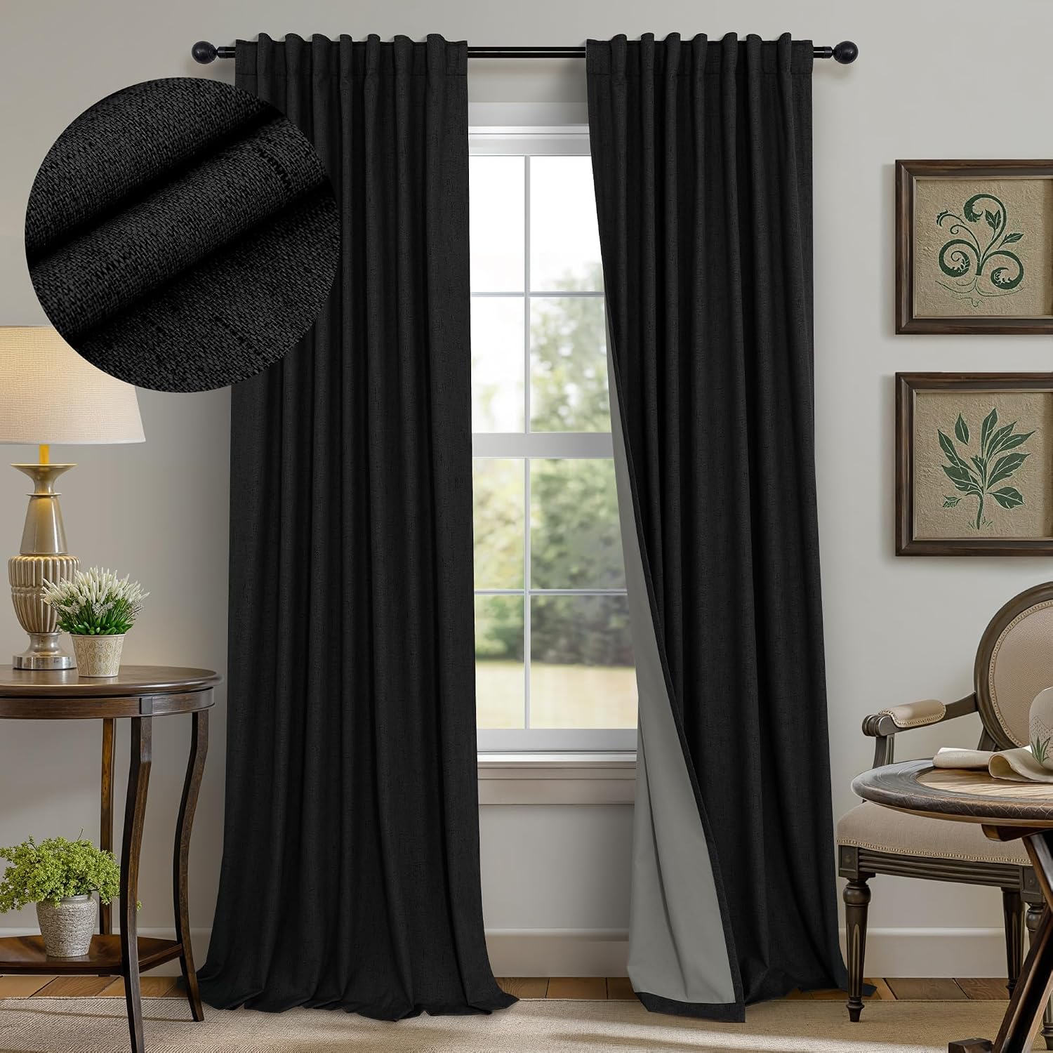 Pitalk Black Curtains 84 Inches Long for Bedroom 2 Panel Set Linen Textured Total Blackout Thermal Insulated Darkening Dark Curtains Black…
