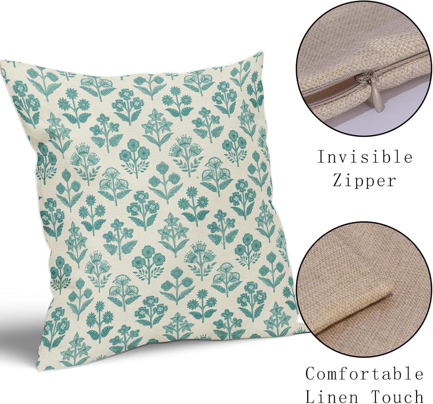 Teal Floral Pillow Covers 18x18 Inch Set of 2, Vintage Flower Block Print Pattern Decorative Throw Pillowcases Outdoor Farmhouse Cushion…