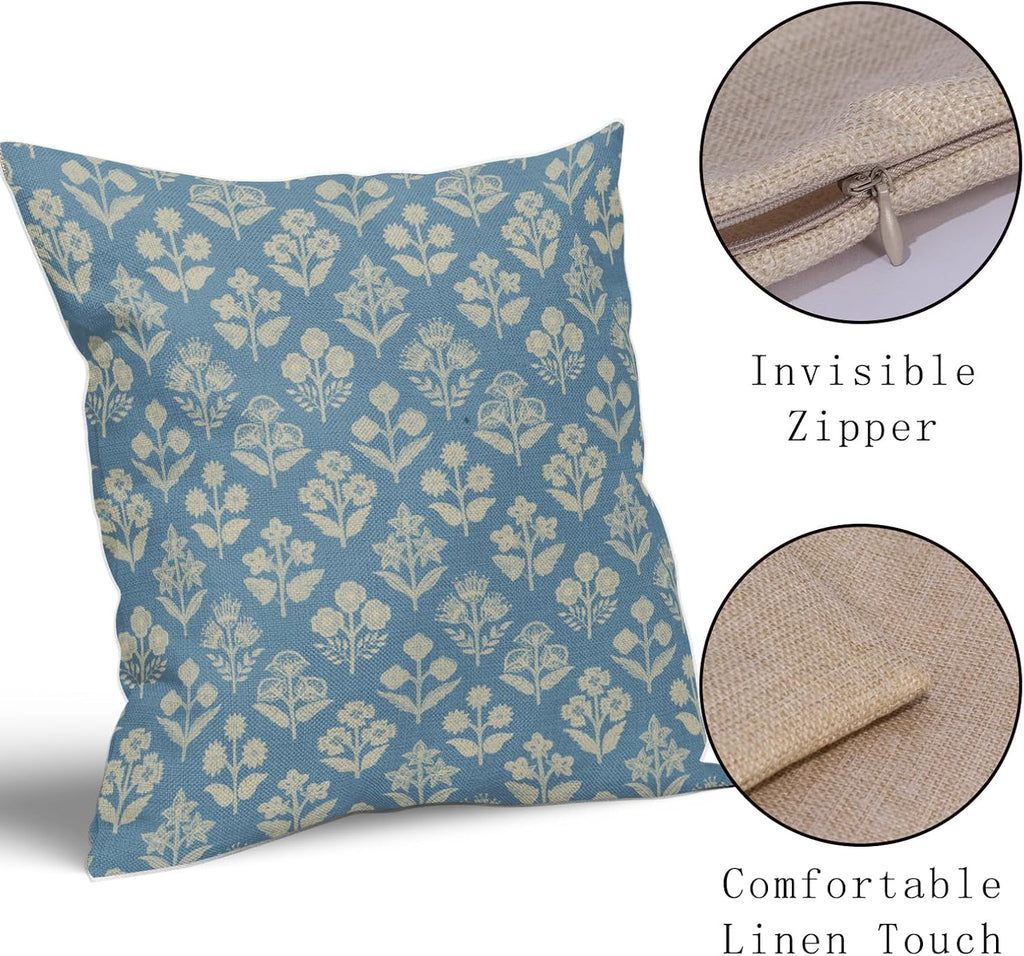 Light Blue Floral Block Print Pillow Covers 20x20 Inch Set of 2, Vintage Flower Pattern Decorative Throw Pillowcases Outdoor Farmhouse…