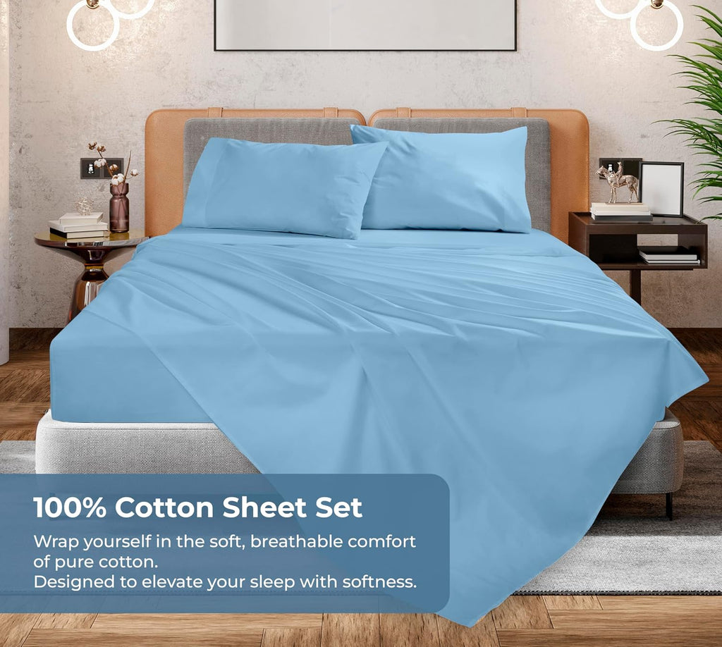 Royalelinens ROYALE LINENS 100% Organic Cotton King Sheet Set - Percale Weave - 4 Pieces Set - 1 Flat, 1 Deep Pocket Fitted Sheet and 2 Pil…