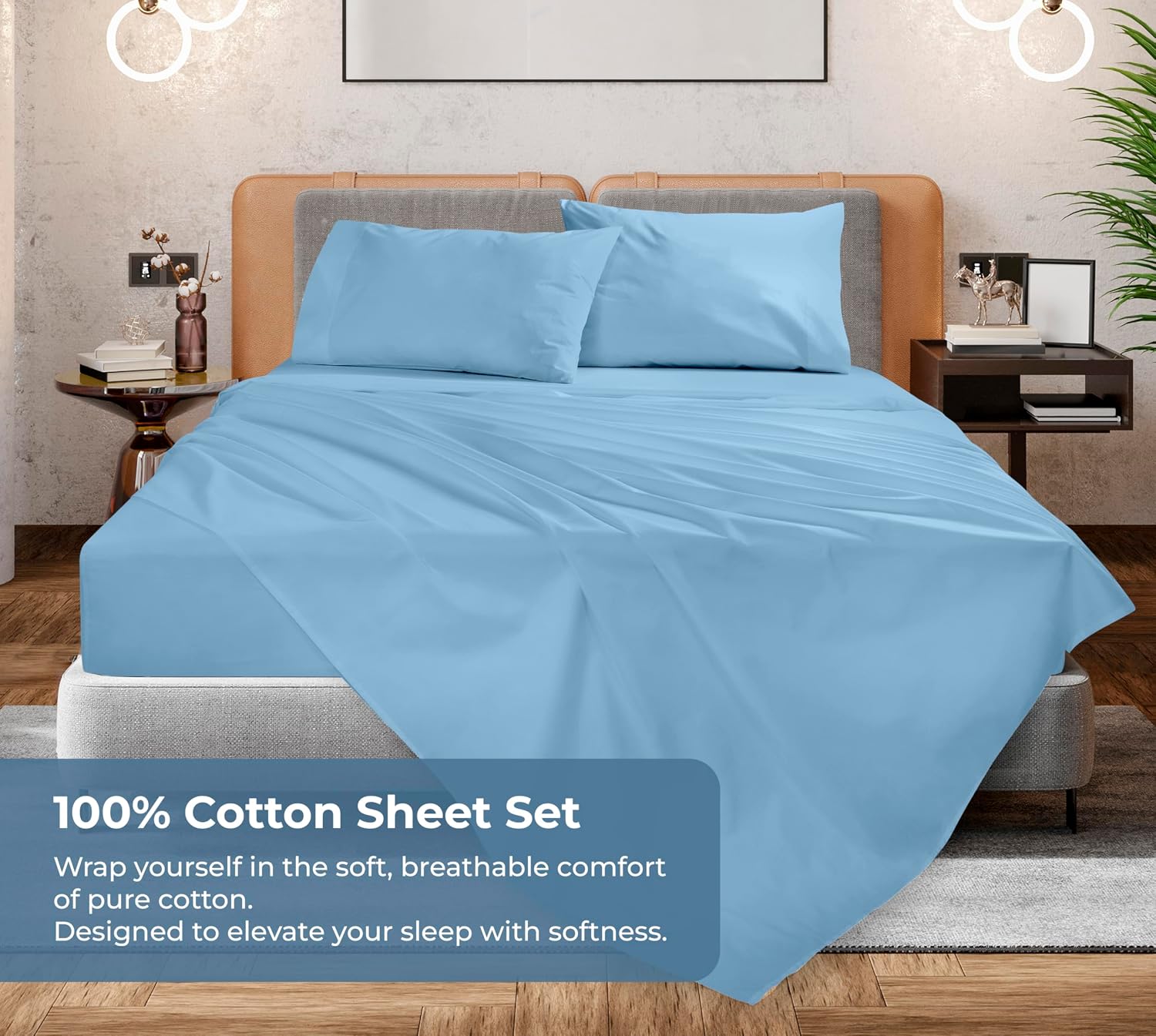 Royalelinens ROYALE LINENS 100% Organic Cotton King Sheet Set - Percale Weave - 4 Pieces Set - 1 Flat, 1 Deep Pocket Fitted Sheet and 2 Pil…