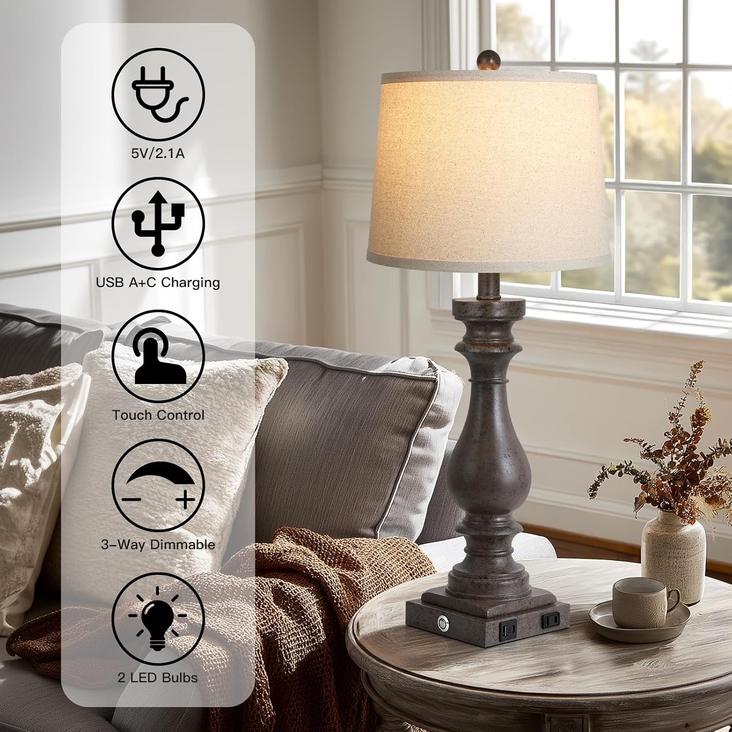 Cinkeda 29" Tall Farmhouse Table Lamp for Living Room Set of 2, Vintage Retro Nightstand Lamps with USB C+A Ports & AC Outlet,3-Way…