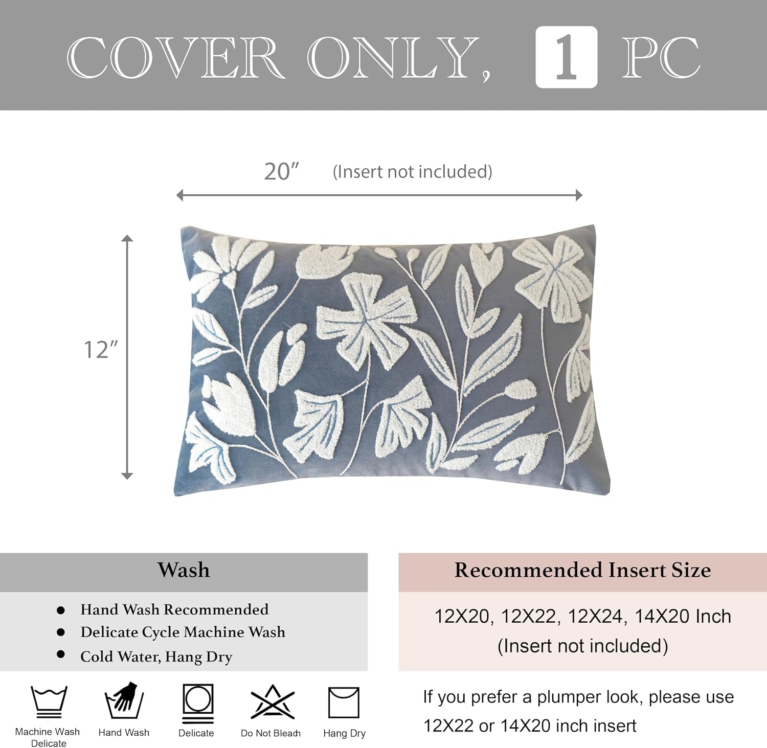 BlissBlush 12x20 Lumbar Pillow Cover, Grayish Blue Rectangular Decorative Throw Pillowcase for Couch Sofa, Floral Tufted Embroidered…