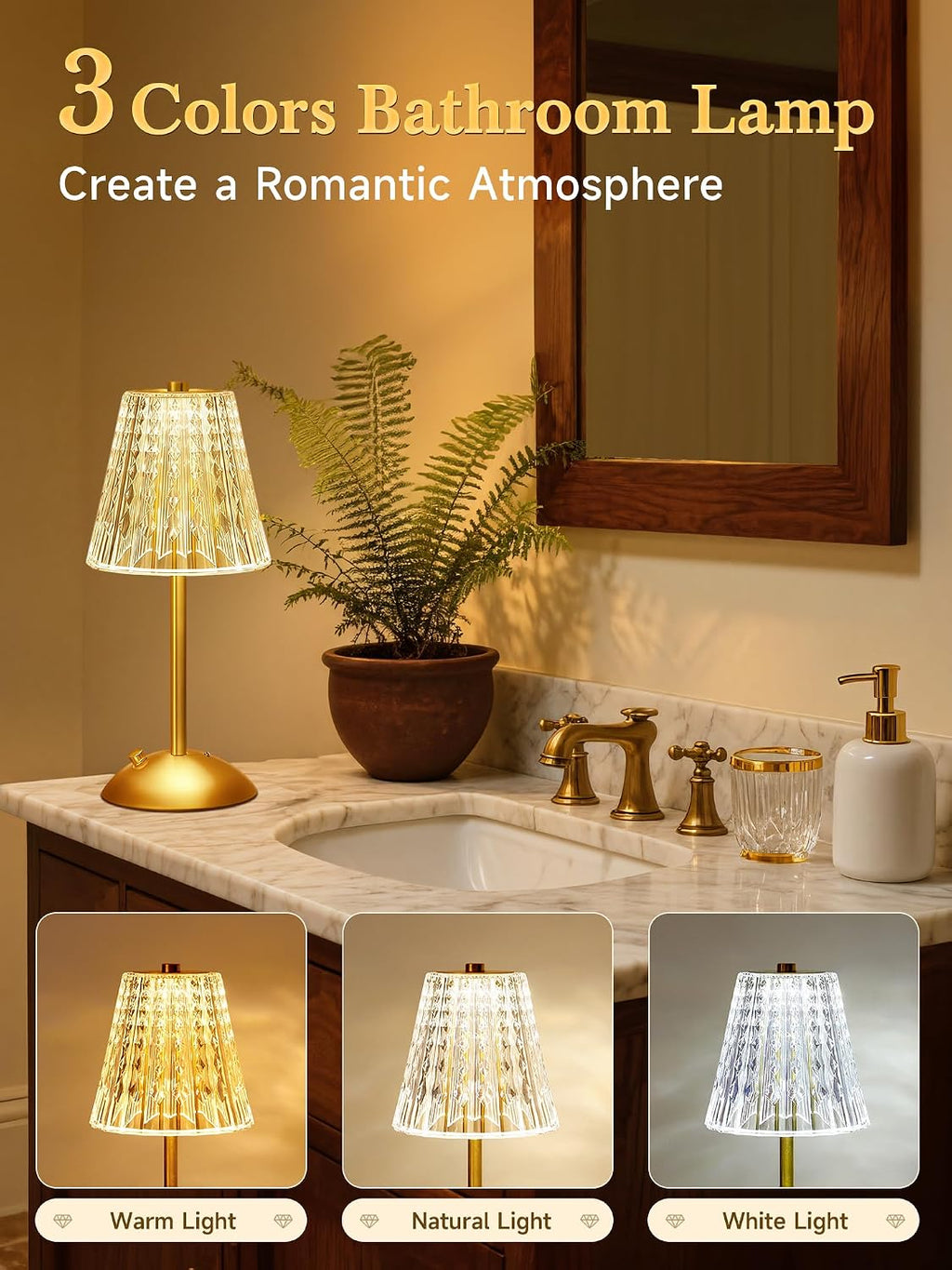 Upgraded Nightstand Lamps Set of 2, 3 Colors Dimmable Crystal Table Lamp Gold Lamp, Touch Lamp Bedroom Lamps, Rechargeable Small Lamp…