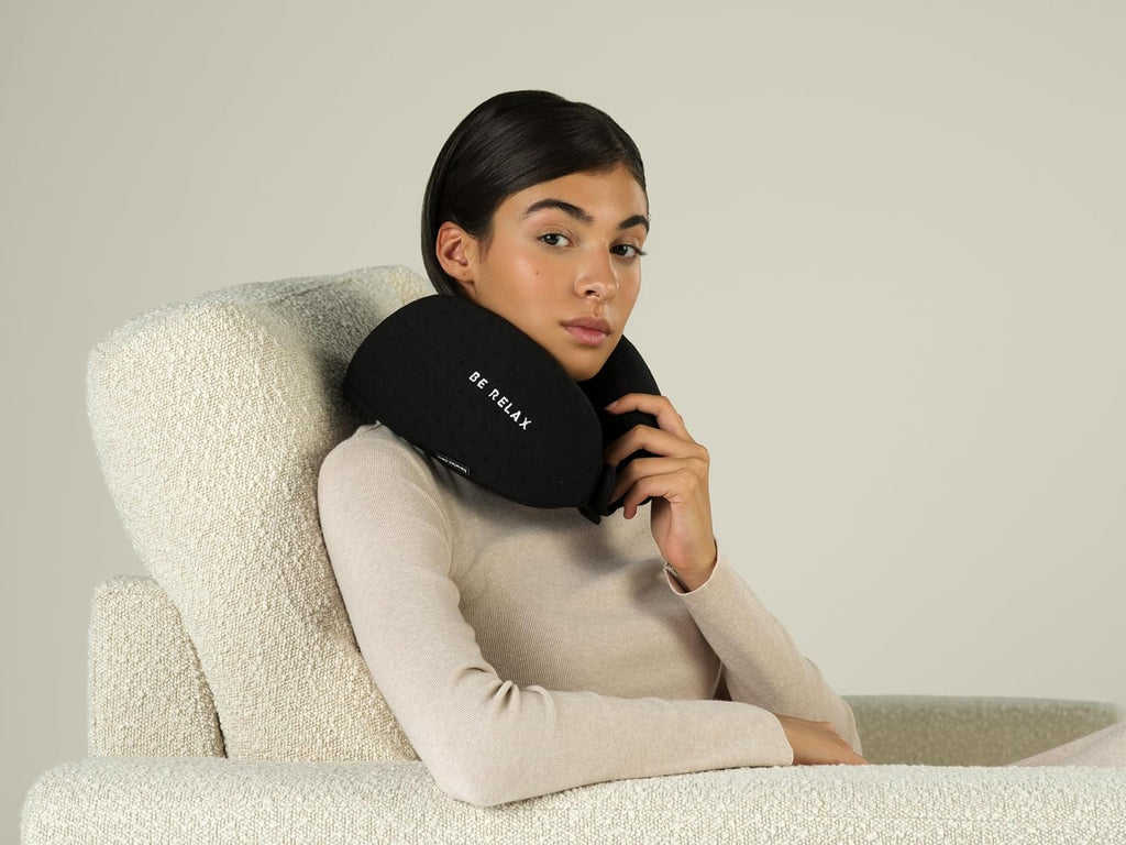 Be Relax Pure Travel Pillow Made of Inner-Side Organic Cotton, Reusable Heat Patch and Ergo Smart Flatback (Solid Black)