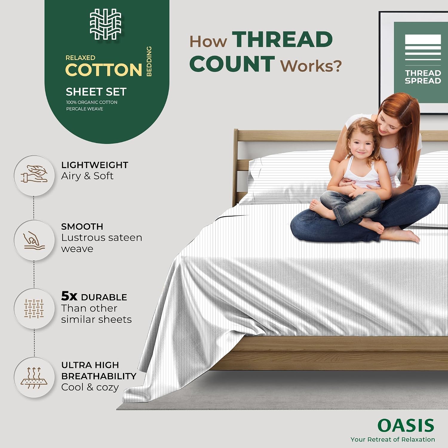 THREAD SPREAD 100% Organic Cotton Sheets King Size - Organic Cotton Percale Weave Sheet Set (4 PC, Light Grey Pinstripe), Soft, Cooling…